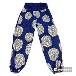 Boutique Womens Harem Pants Bohemian Lightweight Blue White Geo Print XXL